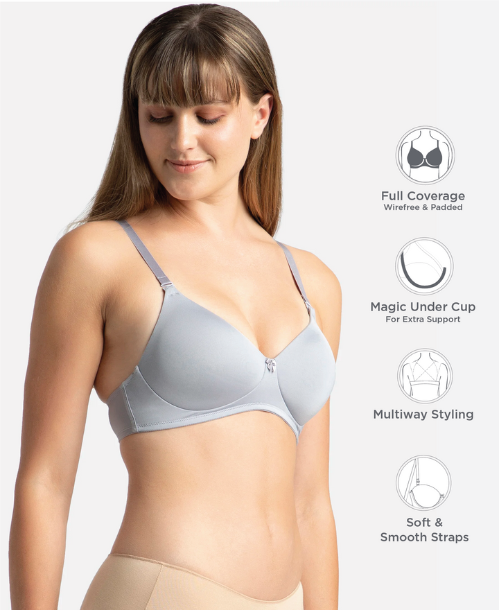 Wirefree Padded Microfiber Elastane Stretch Full Coverage T-Shirt Bra with Magic Under Cup - Lilac Grey