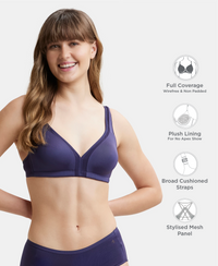 Wirefree Non Padded Soft Touch Microfiber Elastane Stretch Full Coverage Everyday Bra with Stylised Mesh Panel - Classic Navy