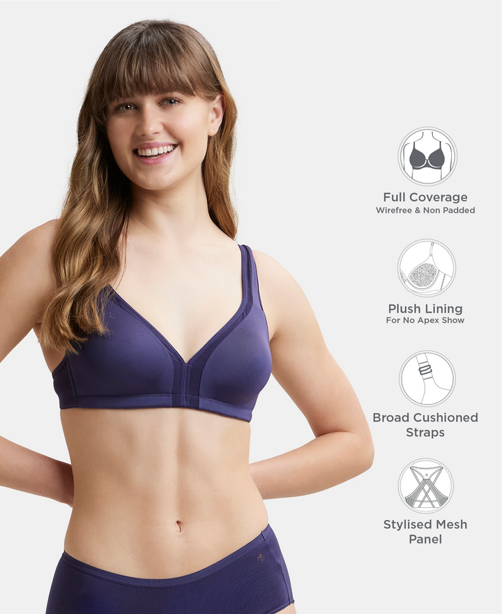 Wirefree Non Padded Soft Touch Microfiber Elastane Stretch Full Coverage Everyday Bra with Stylised Mesh Panel - Classic Navy
