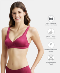Wirefree Non Padded Soft Touch Microfiber Elastane Stretch Full Coverage Everyday Bra with Stylised Mesh Panel - Pink Wine
