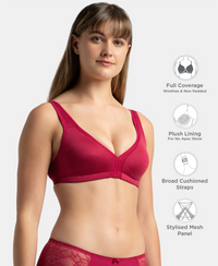 Wirefree Non Padded Soft Touch Microfiber Elastane Stretch Full Coverage Plus Size Bra with Stylised Mesh Panel - Anemone