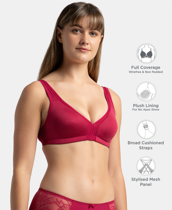 Wirefree Non Padded Soft Touch Microfiber Elastane Stretch Full Coverage Plus Size Bra with Stylised Mesh Panel - Anemone