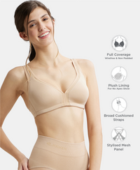 Wirefree Non Padded Soft Touch Microfiber Elastane Stretch Full Coverage Everyday Bra with Stylised Mesh Panel - Light Skin