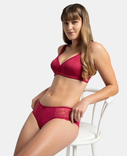 Wirefree Non Padded Soft Touch Microfiber Elastane Stretch Full Coverage Everyday Bra with Stylised Mesh Panel - Anemone