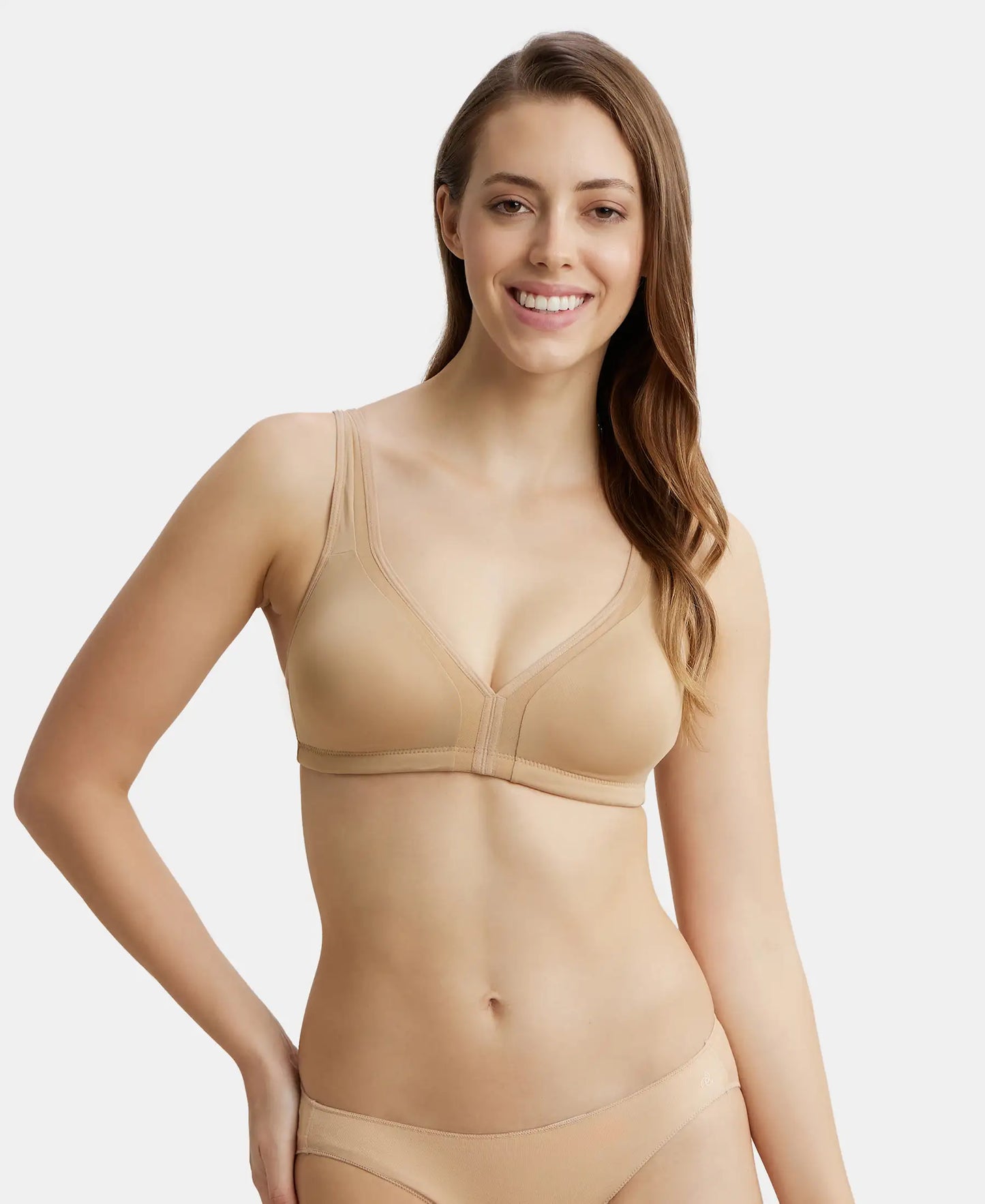 Wirefree Non Padded Soft Touch Microfiber Elastane Full Coverage Everyday Bra with Stylised Mesh Panel - Skin-1