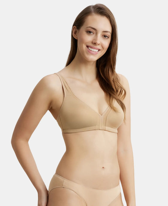 Wirefree Non Padded Soft Touch Microfiber Elastane Full Coverage Everyday Bra with Stylised Mesh Panel - Skin-2