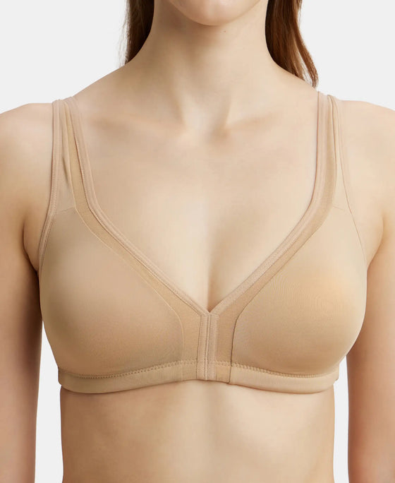 Wirefree Non Padded Soft Touch Microfiber Elastane Full Coverage Everyday Bra with Stylised Mesh Panel - Skin-7