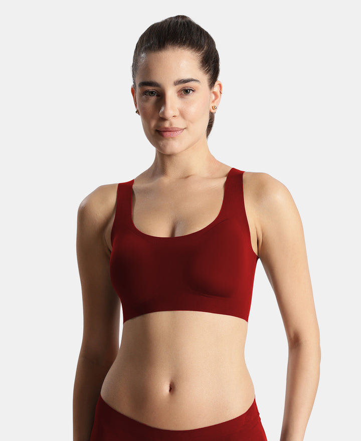 Wirefree Padded Microfiber Elastane Full Coverage Bonded Tech Lounge Bra - Pomegranate