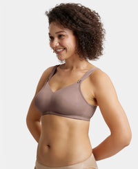 Wirefree Non Padded Soft Touch Microfiber Elastane Stretch Full Coverage Minimizer Bra with Broad Cushioned Fabric Strap - Deep Taupe