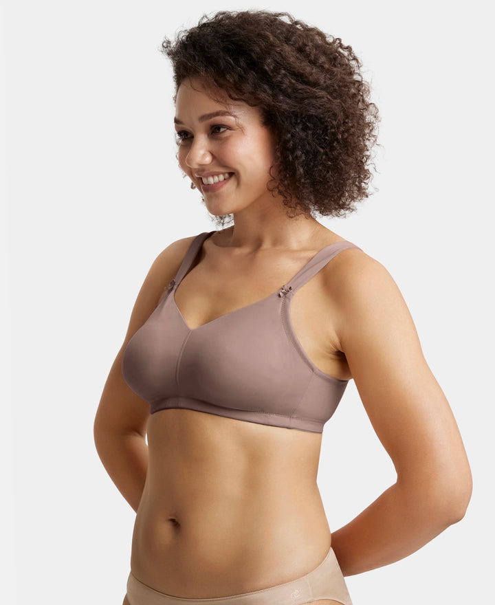 Wirefree Non Padded Soft Touch Microfiber Elastane Stretch Full Coverage Minimizer Bra with Broad Cushioned Fabric Strap - Deep Taupe