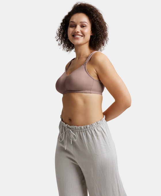 Wirefree Non Padded Soft Touch Microfiber Elastane Stretch Full Coverage Minimizer Bra with Broad Cushioned Fabric Strap - Deep Taupe