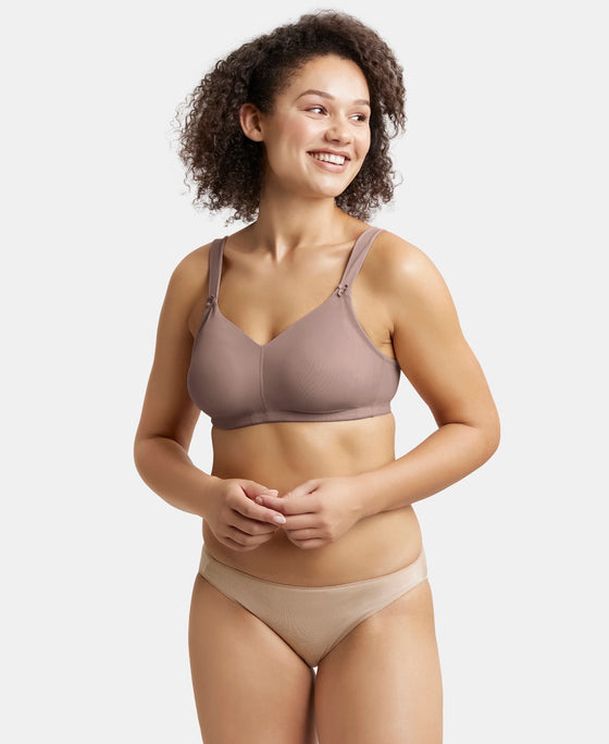 Wirefree Non Padded Soft Touch Microfiber Elastane Stretch Full Coverage Minimizer Bra with Broad Cushioned Fabric Strap - Deep Taupe