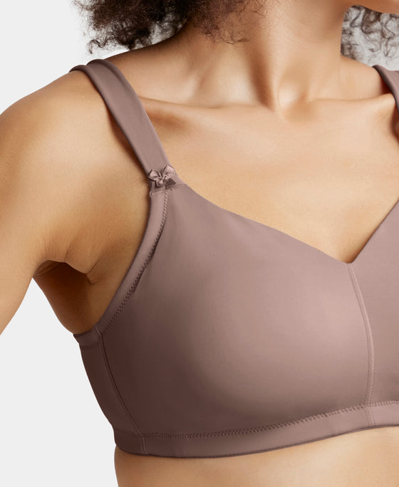 Wirefree Non Padded Soft Touch Microfiber Elastane Stretch Full Coverage Minimizer Bra with Broad Cushioned Fabric Strap - Deep Taupe