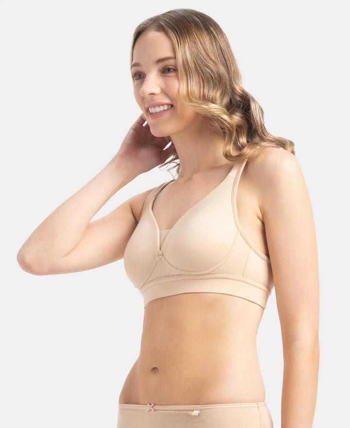 Wirefree Padded Soft Touch Microfiber Elastane Stretch Full Coverage T-Shirt Bra with Longline Styling - Skin