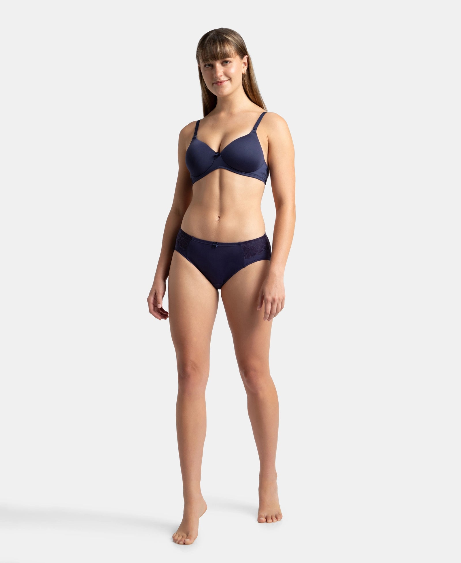 Full Coverage Soft Touch Microfiber Elastane Stretch Hipster with Lace Styling - Classic Navy