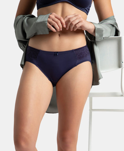 Full Coverage Soft Touch Microfiber Elastane Stretch Hipster with Lace Styling - Classic Navy