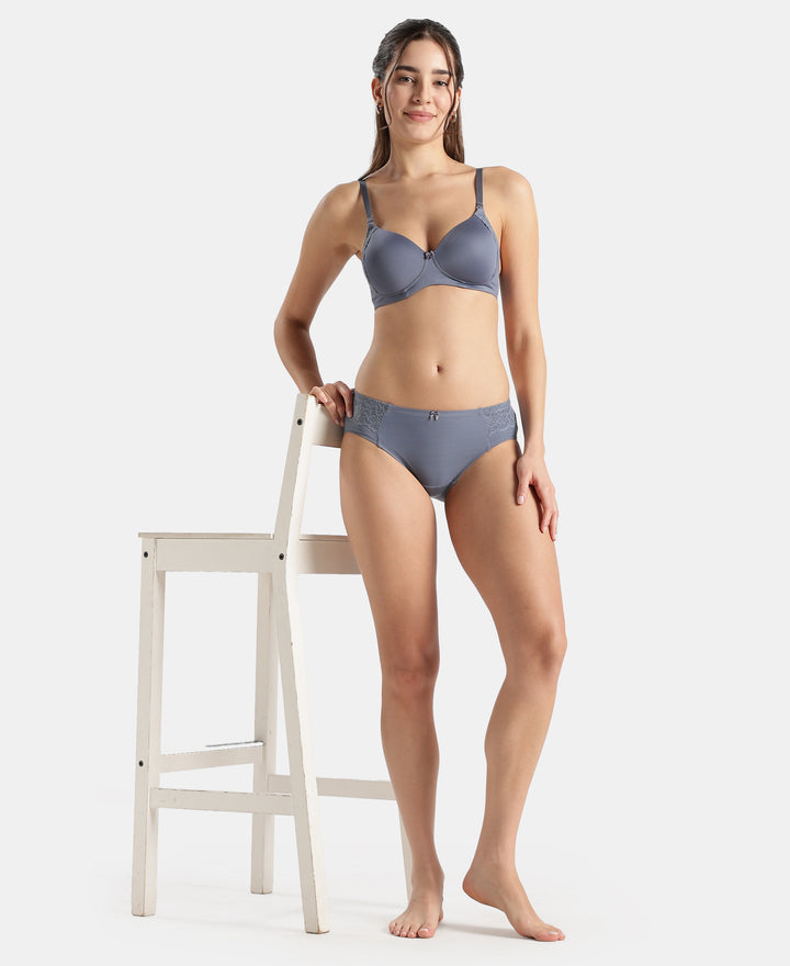 Full Coverage Soft Touch Microfiber Elastane Stretch Hipster with Lace Styling  - Folk Stone Gray