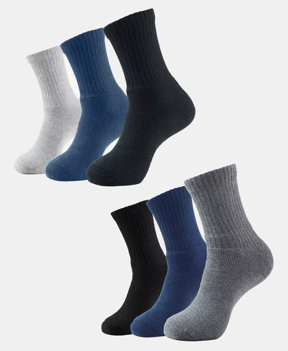 Pack of 6 Compact Cotton Terry Crew Length Socks With StayFresh Treatment - Black, Navy, Charcoal & Midgrey Melange