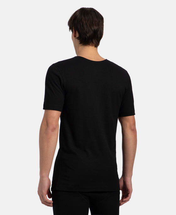 Super Combed Cotton Rich Brushed Fabric Half Sleeved Thermal Undershirt with StayWarm Technology - Black