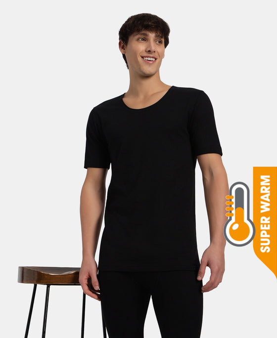 Super Warm Super Combed Cotton Rich Brushed Fabric Half Sleeved Thermal Undershirt with StayWarm Technology - Black