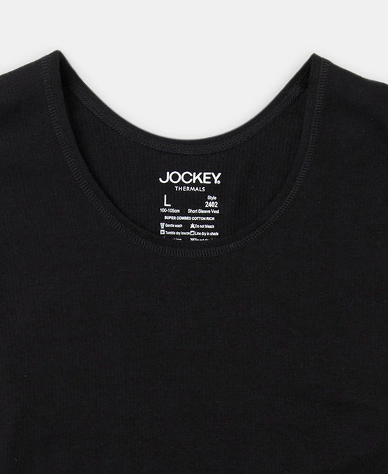 Super Combed Cotton Rich Brushed Fabric Half Sleeved Thermal Undershirt with StayWarm Technology - Black