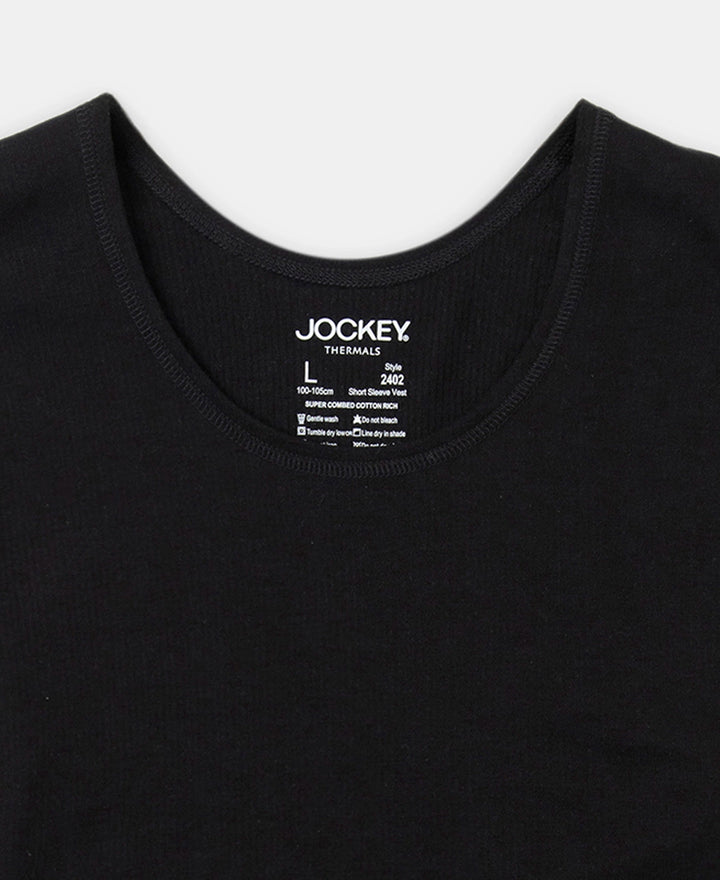 Super Combed Cotton Rich Brushed Fabric Half Sleeved Thermal Undershirt with StayWarm Technology - Black
