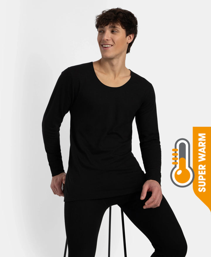 Super Warm Super Combed Cotton Rich Brushed Fabric Full Sleeved Thermal Undershirt with StayWarm Technology - Black