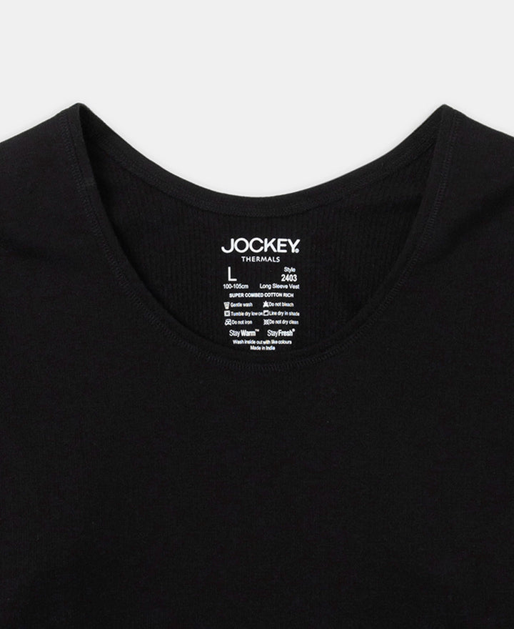 Super Combed Cotton Rich Brushed Fabric Full Sleeved Thermal Undershirt with StayWarm Technology - Black