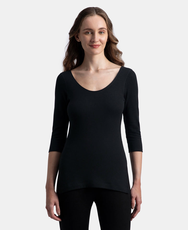 Super Combed Cotton Rich Brushed Three Quarter Sleeve Thermal Top with StayWarm Technology - Black