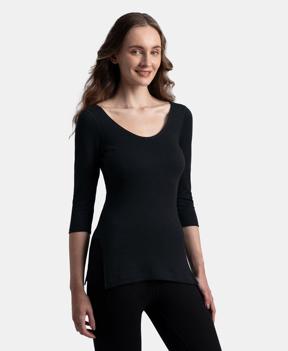 Super Combed Cotton Rich Brushed Three Quarter Sleeve Thermal Top with StayWarm Technology - Black
