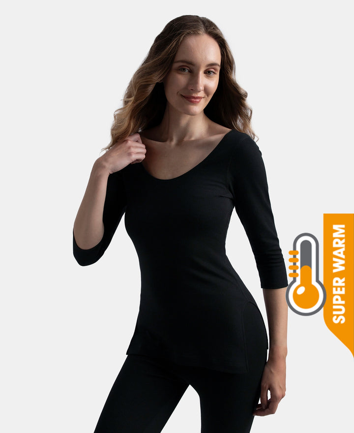 Super Warmth Super Combed Cotton Rich Brushed Three Quarter Sleeve Thermal Top with StayWarm Technology - Black