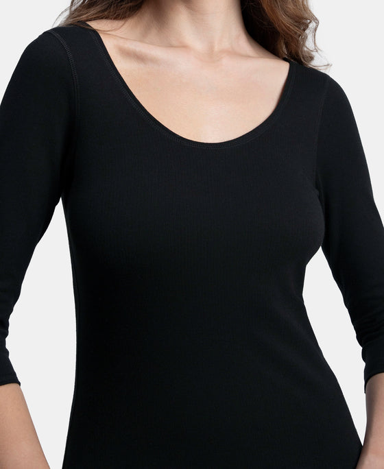 Super Combed Cotton Rich Brushed Three Quarter Sleeve Thermal Top with StayWarm Technology - Black