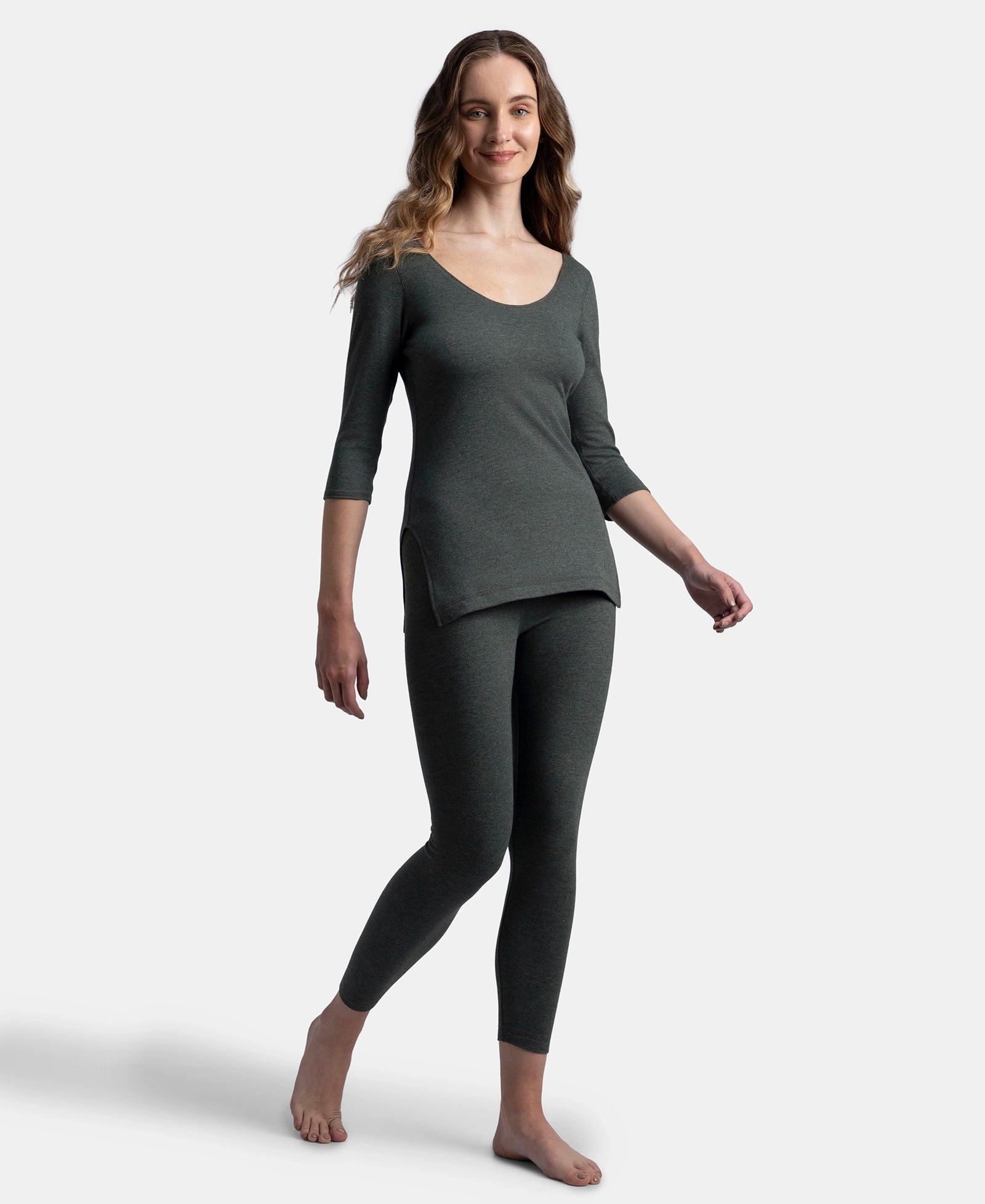 Super Warm Super Combed Cotton Rich Brushed Three Quarter Sleeve Thermal Top with StayWarm Technology - Charcoal Melange