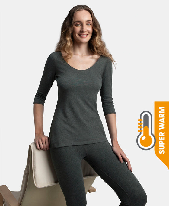 Super Warm Super Combed Cotton Rich Brushed Three Quarter Sleeve Thermal Top with StayWarm Technology - Charcoal Melange