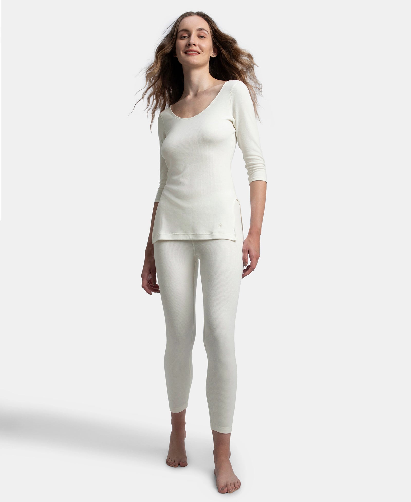 Super Warm Super Combed Cotton Rich Brushed Three Quarter Sleeve Thermal Top with StayWarm Technology - Off White