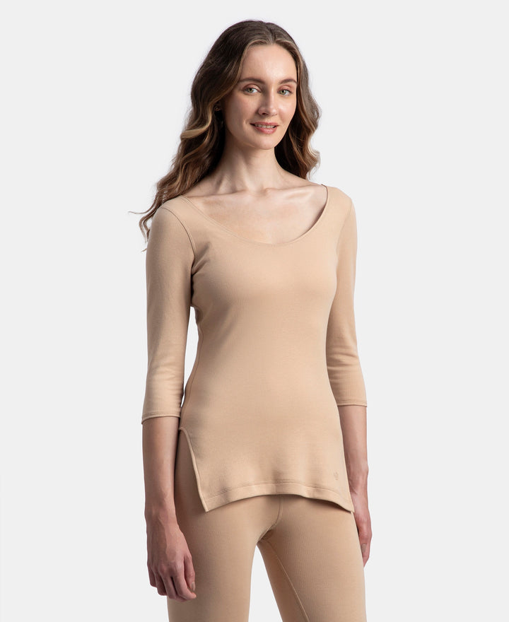 Super Combed Cotton Rich Brushed Three Quarter Sleeve Thermal Top with StayWarm Technology - Skin