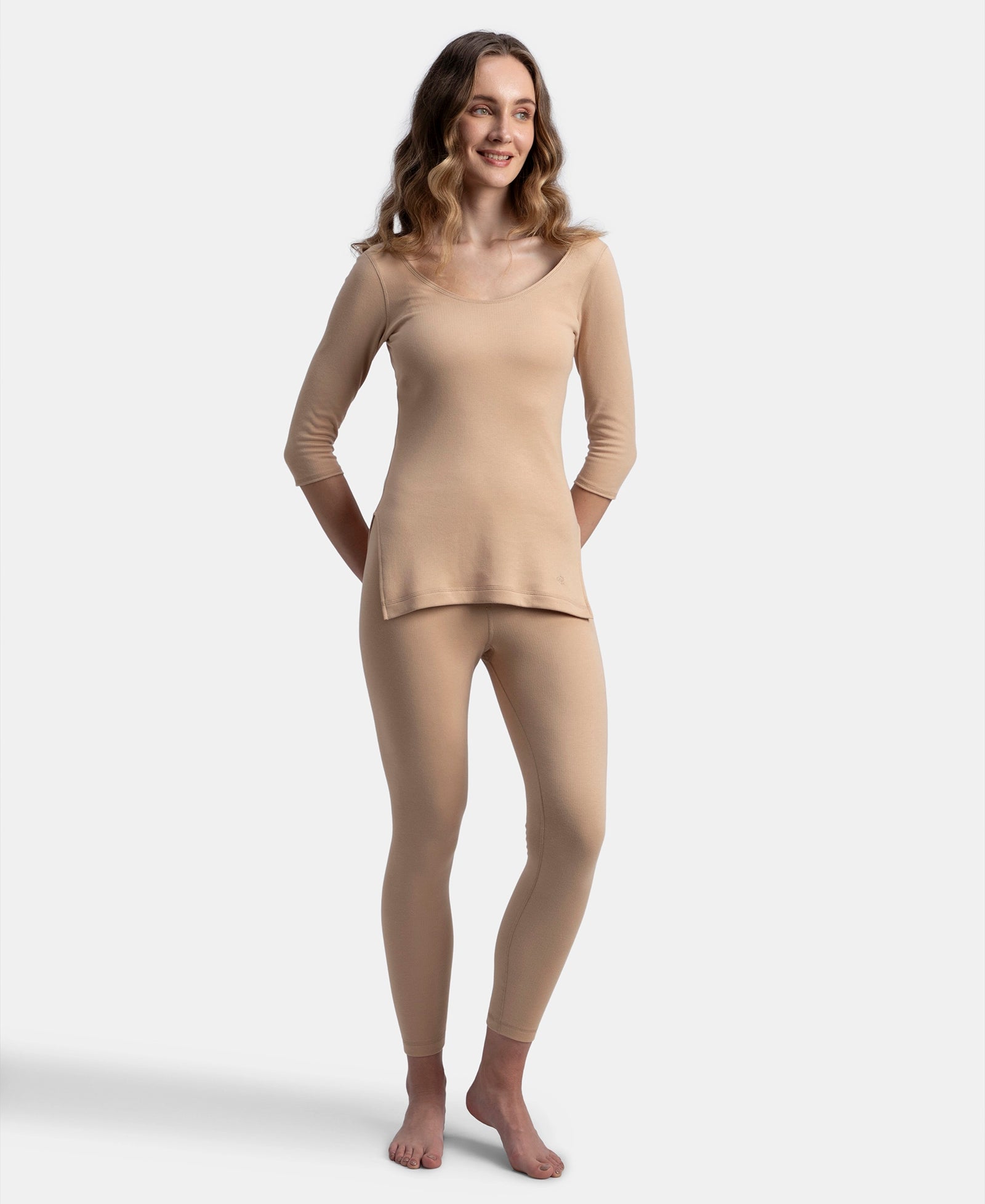 Super Warm Super Combed Cotton Rich Brushed Three Quarter Sleeve Thermal Top with StayWarm Technology - Skin