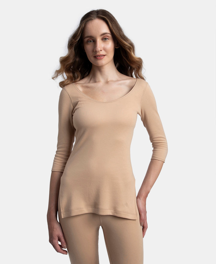 Super Combed Cotton Rich Brushed Three Quarter Sleeve Thermal Top with StayWarm Technology - Skin