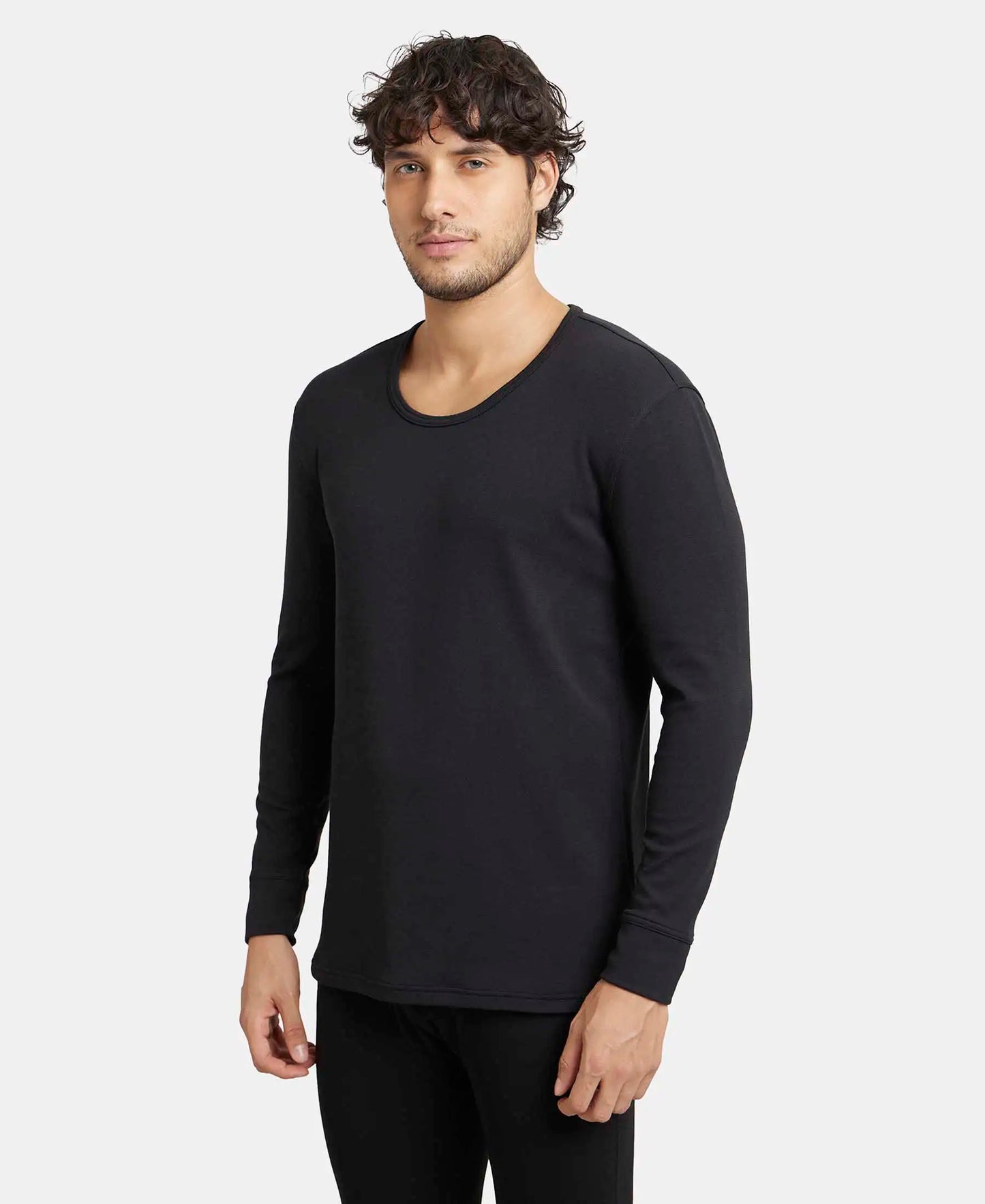 Soft Touch Microfiber Elastane Stretch Fleece Fabric Full Sleeve Thermal Undershirt with StayWarm Technology - Black-2