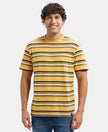 Super Combed Cotton Rich Striped Round Neck Half Sleeve T-Shirt - Burnt Gold - Navy - White