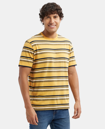 Super Combed Cotton Rich Striped Round Neck Half Sleeve T-Shirt - Burnt Gold - Navy - White
