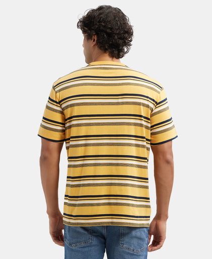Super Combed Cotton Rich Striped Round Neck Half Sleeve T-Shirt - Burnt Gold - Navy - White