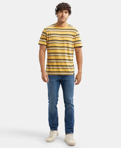Super Combed Cotton Rich Striped Round Neck Half Sleeve T-Shirt - Burnt Gold - Navy - White