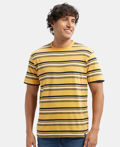 Super Combed Cotton Rich Striped Round Neck Half Sleeve T-Shirt - Burnt Gold - Navy - White