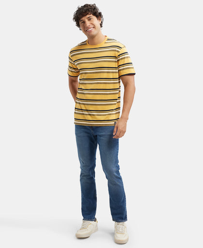 Super Combed Cotton Rich Striped Round Neck Half Sleeve T-Shirt - Burnt Gold - Navy - White
