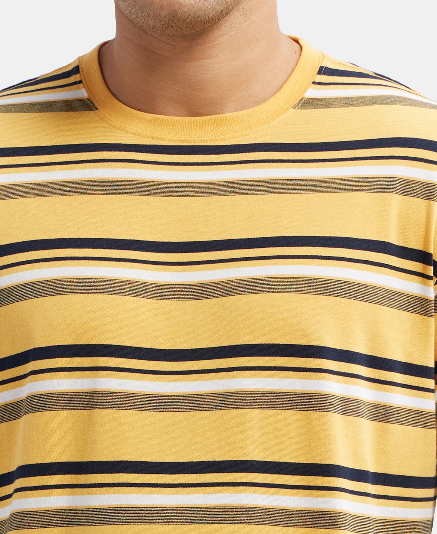 Super Combed Cotton Rich Striped Round Neck Half Sleeve T-Shirt - Burnt Gold - Navy - White