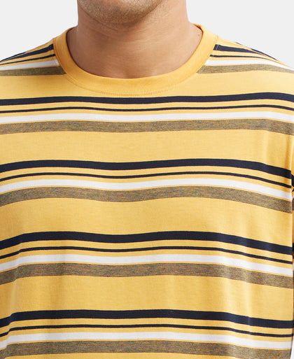 Super Combed Cotton Rich Striped Round Neck Half Sleeve T-Shirt - Burnt Gold - Navy - White