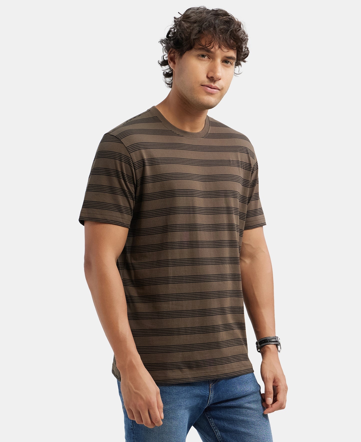 Super Combed Cotton Rich Striped Round Neck Half Sleeve T-Shirt - Black - Black Olive