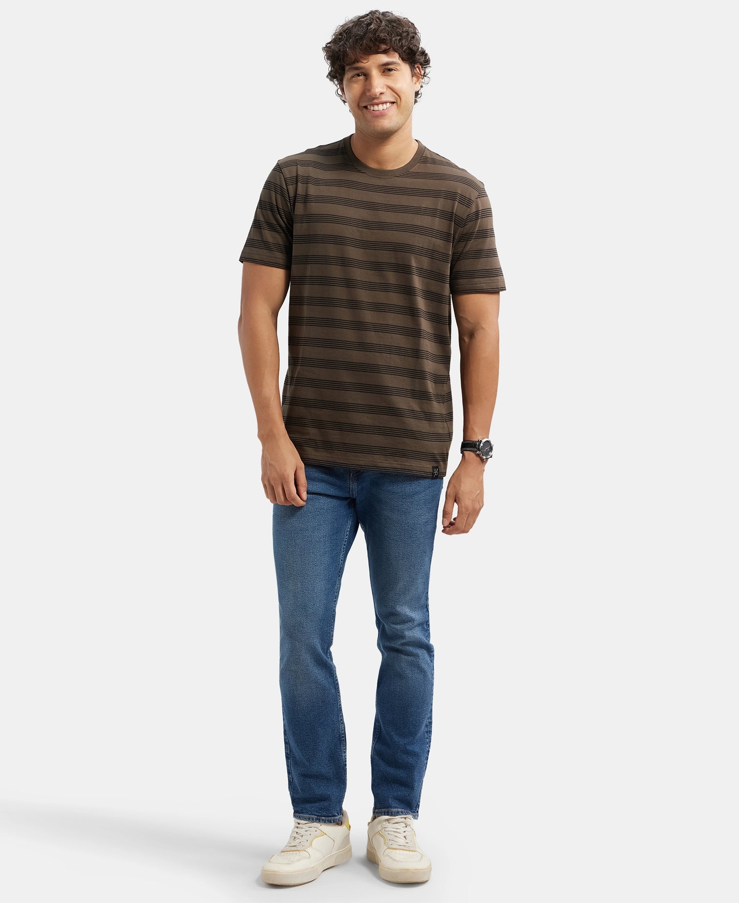 Super Combed Cotton Rich Striped Round Neck Half Sleeve T-Shirt - Black - Black Olive