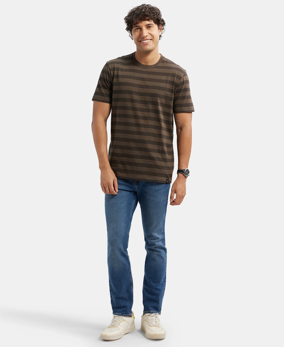 Super Combed Cotton Rich Striped Round Neck Half Sleeve T-Shirt - Black - Black Olive